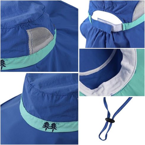 Kids Fishing Sun Hat with Neck Flap - Wide Brim Bucket Hiking Safari Cap with Ponytail Hole, Breathable UPF50+