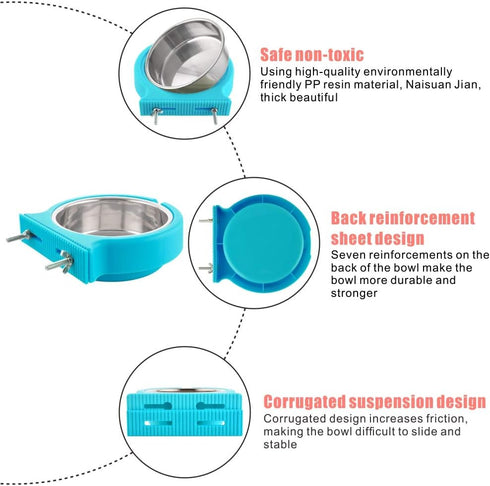 Crate Dog Bowl, Removable Stainless Steel Water Food Feeder Bowls for Cat, Puppy, Bird Pets (Small, Blue)