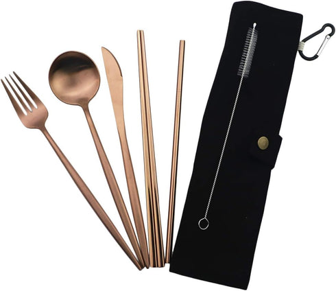 Gugrida 18/10 Sets 7 Set, Set Luxury Rose Gold Matte Portable Stainless Steel Travel Flatware of Portable Camping