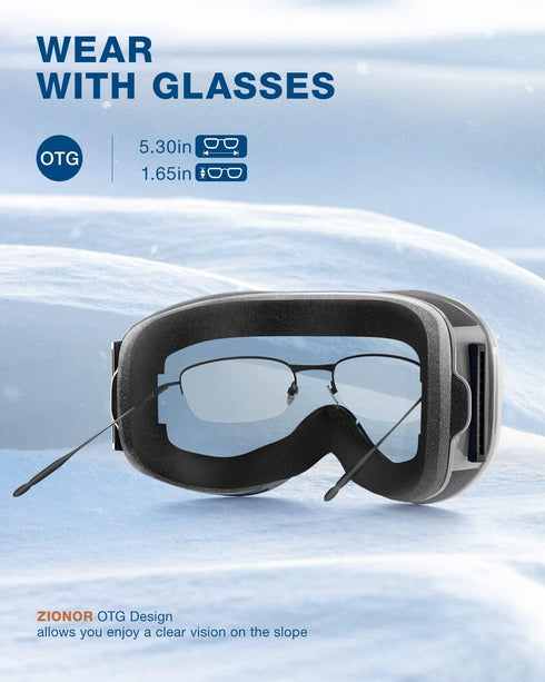ZIONOR Lagopus B1 Ski Goggles OTG, Anti-fog Snowboard Goggles with UV Protection for Men Women Youth