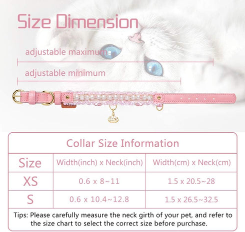 PetsHome Premium PU Leather Cat and Dog Collar, Adjustable, Cute Pearl, Beautiful Lace, Small Pink