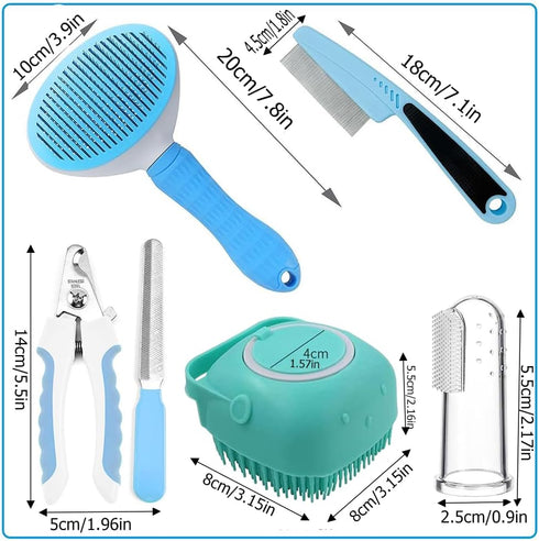 7pcs Pet Grooming Kit, Self-Cleaning Brush Shedding Kit with Nail Clipper, Flea Comb, Shampoo Bath Brush, Finger
