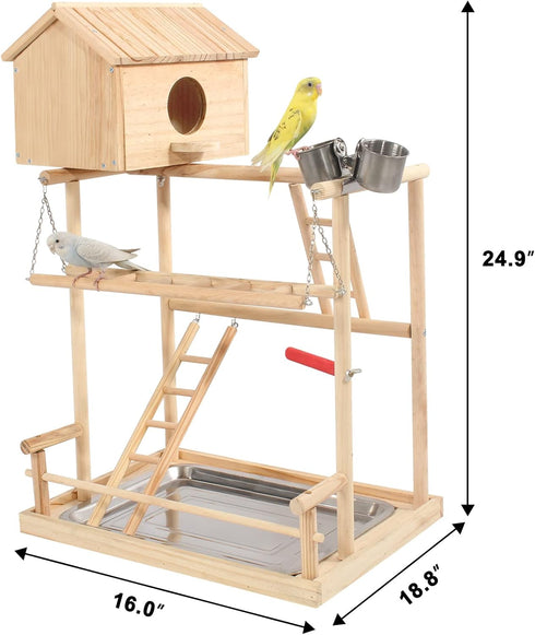 3 HiCaptain Large Bird Playground, Layers Cockatiel Playground, Pet Parrot Playstand Gym Wooden Playpen Birds Play