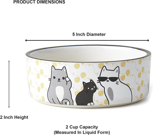 PetRageous Tangled Kitty Stoneware Cat Bowl, 2-Cup Capacity, Dishwasher Safe, 5-Inch Diameter, White.