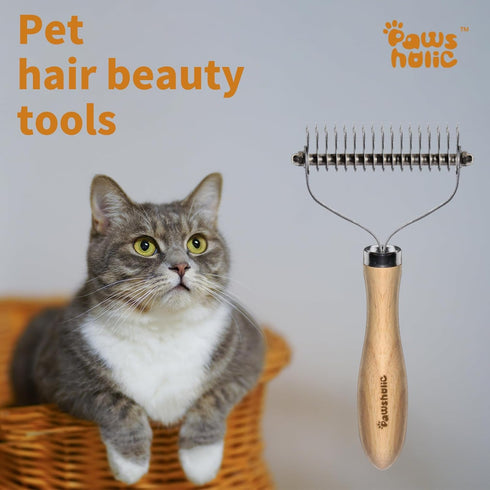 PAWSHOLIC Undercoat Rake for Dogs, Professional Pet Shedding Dematting Comb with Wood Handle for Cats and Dogs