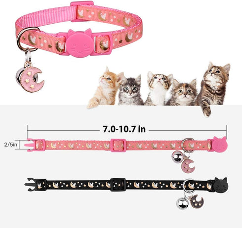 2Pcs Breakaway Cat Collars - Adjustable Moons Collars for Boy & Girl Cats with Bell & Pendant, Black+Pink