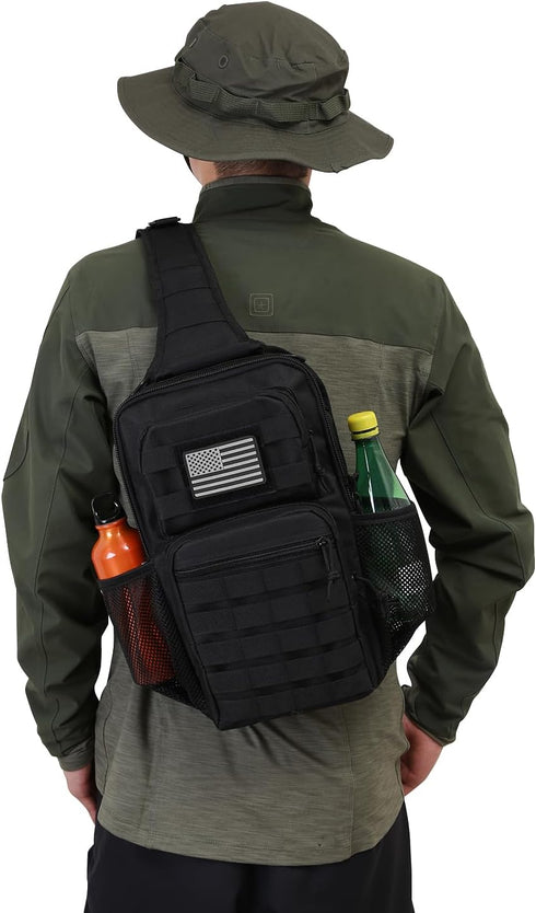 Pack Backpack Rover Sling Tactical Shoulder Sling Bag with Bottle Holder Crossbody Chest Bag, Black with Grey Patch