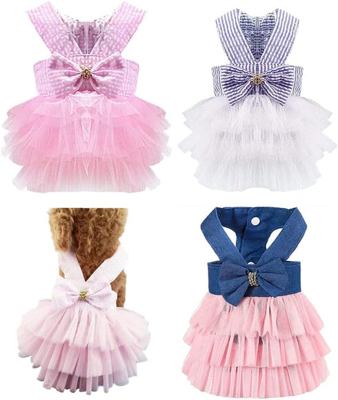 Dog Dresses, Fashion Pet Dog Clothes - Striped Mesh Puppy Dog Princess Dresses (Pink/Blue/Denim, 3 Pack), Small
