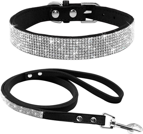 Cute Fancy Soft Suede Leather Bling Rhinestone Crystal Jeweled Pet Cat Dog Puppy Collar and Leash Combo Set (Black, XXS)