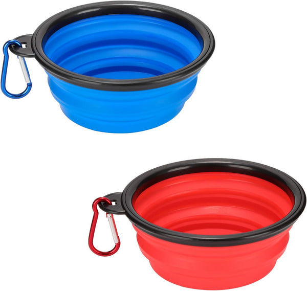 Pack of 2 Large Collapsible Dog Bowls - Food Grade Silicone, BPA Free, Foldable Travel Bowl with Carabiner Clip (Blue &