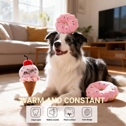 HEAT PAWS Pink Donut & Ice Cream Dog Plush Toys | Plush-Filled Squeaky Chew Toys (with Sprinkle Decoration) |