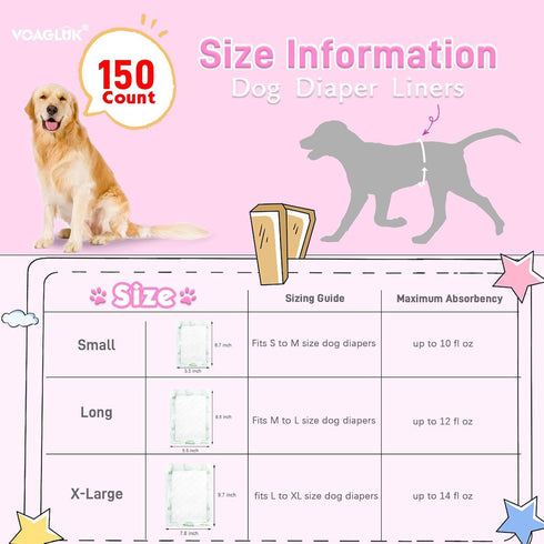 150ct, Dog Diaper Liners for Male and Female Dogs, Super Absorbent Disposable Dog Diapers Booster Pads fit Most Pet