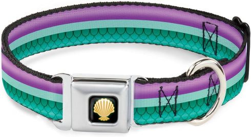 Dog Collar Seatbelt Buckle Little Mermaid Stripe Shell Purple Green Gold, 1.0 Inch Wide, Fits 9 to 15 Inches