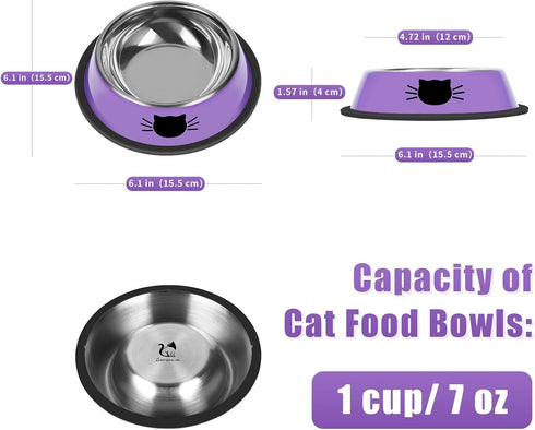 2 Pcs Non-Slip Stainless Steel Small Cat Food Bowls, 7 Oz, Unbreakable with Removable Rubber Base