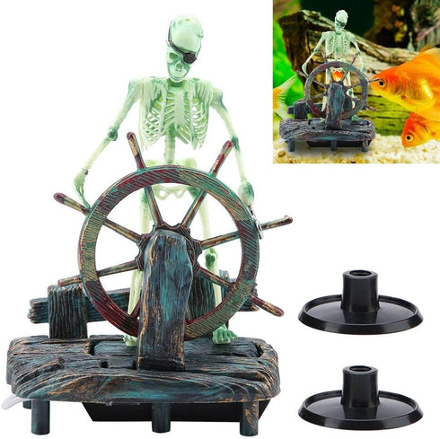 Aquarium Pirate Captain Decoration, Skeleton Ornament for Landscape, Pirate Captain Skeleton on Wheel