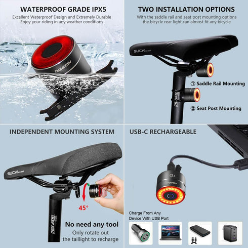 Smart Bike Tail Light: Auto On/Off Rear Bicycle Flashlight, High Lumen Daytime Strobe USB Rechargeable Safety Red LED