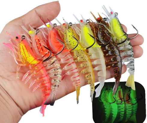 Lagnlnaoy 7Pcs 4.13 Inch 0.42 Oz Lifelike Artificial Shrimp Lure - / Soft Bait with Flat Claw, Luminescent Design