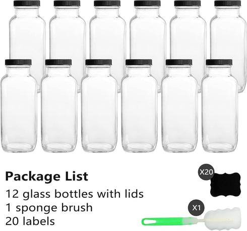 12 Pack 16 OZ GUANENA Glass Drink Bottles, Vintage Square Water Bottles with Lids, Juice Bottles Beverages Containers