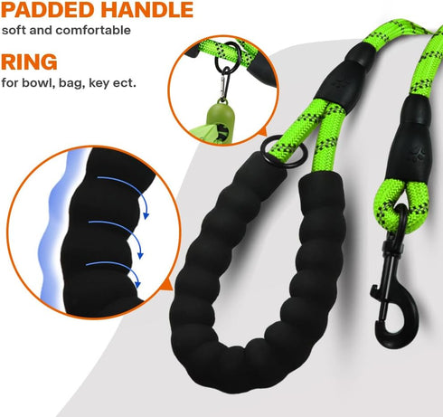 Taglory Rope Dog Leash 6 FT with Padded Handle, Highly Reflective Threads for Medium Large Dogs, 1/2 inch, Green