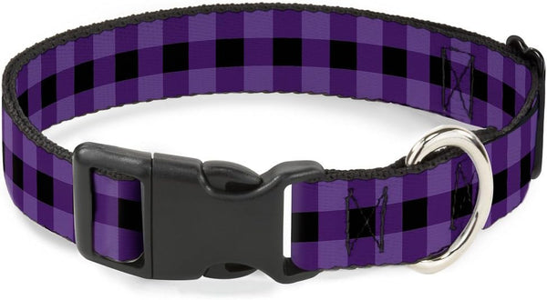 Buckle-Down Plastic Clip Collar - Buffalo Plaid Black/Purple, 1" Wide, Fits 15-26" Neck - Large