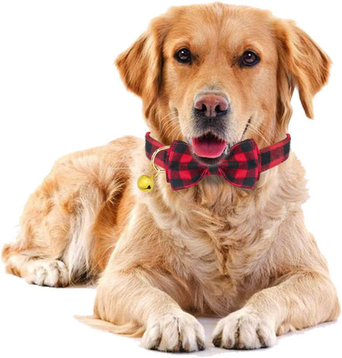 KUDES Adjustable Plaid Dog Collar with Bow, 2 Pack Set, Best Pet Gift for Small, Medium, and Large Dogs, Red & Black
