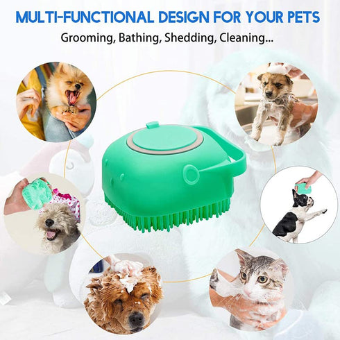 Soft Silicone Pet Bath Brush, Dog Shampoo Cleaning Brush with Soft Shampoo Dispenser for Puppy Dog Cat (Yellow)
