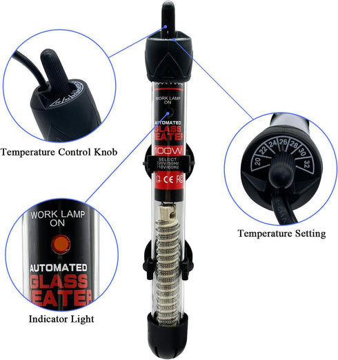 Fish Tank Aquarium Heater, Adjustable Temperature Submersible Thermostat Heater, 25W/50W/100W/150W/200W/300W