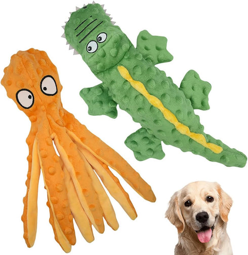 Dog Squeaky Toy Set - 2-Pack Octopus and Crocodile Design, Durable Plush Toys for Large Dogs