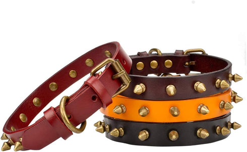 Basic Classic Adjustable Genuine Cow Leather Pet Collars for Dogs and Cats (Large, Neck 11.8"-15.3", A-Yellow Brown)