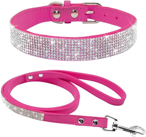 Rhinestone Bling Cute Bowknot Leather Dog Cat Collar & Leash Set for Small Dogs with Crystal Diamonds Studded