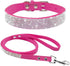 Rhinestone Bling Cute Bowknot Leather Dog Cat Collar & Leash Set for Small Dogs with Crystal Diamonds Studded