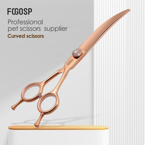 Rose Gold Titanium Curved Dog Grooming Scissors 7'' - Downward 30°, Professional Pet Trimming Shears