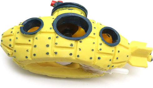 Yellow Submarine Style Bubble Maker Decoration for Fish Tank, Hiding Cave with Air Stone