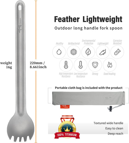 TiTo Titanium Long Handle Spork and Spoon – Eco-Friendly Ultralight Portable Flatware for Camping, Hiking, Travel