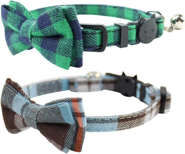 Cat Collar Breakaway with Bell and Bow Tie - Set of 2 PCS Adjustable Safety Plaid Design Collars (Green & Light Blue