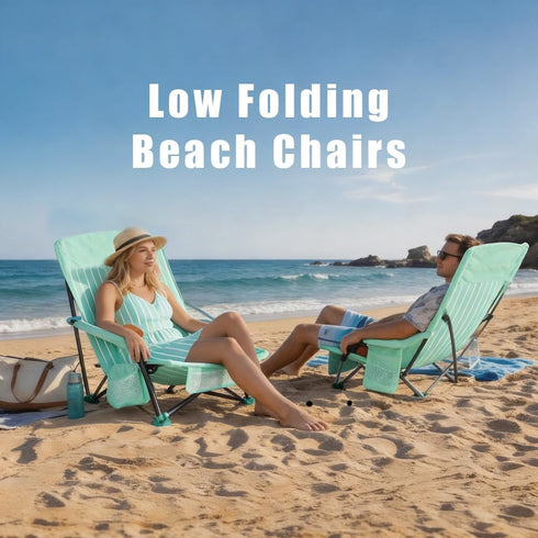 Backpack SUNNYFEEL Portable Low Beach Chair - Lightweight High Back Beach Chair with Cup Holder, Folding Sand Chair