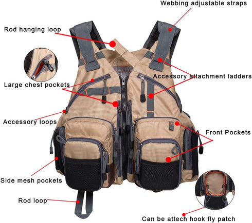 Lightweight Fly Fishing Vest with Multi Pockets - Adjustable Size Mesh Fishing Backpack for Men and Women