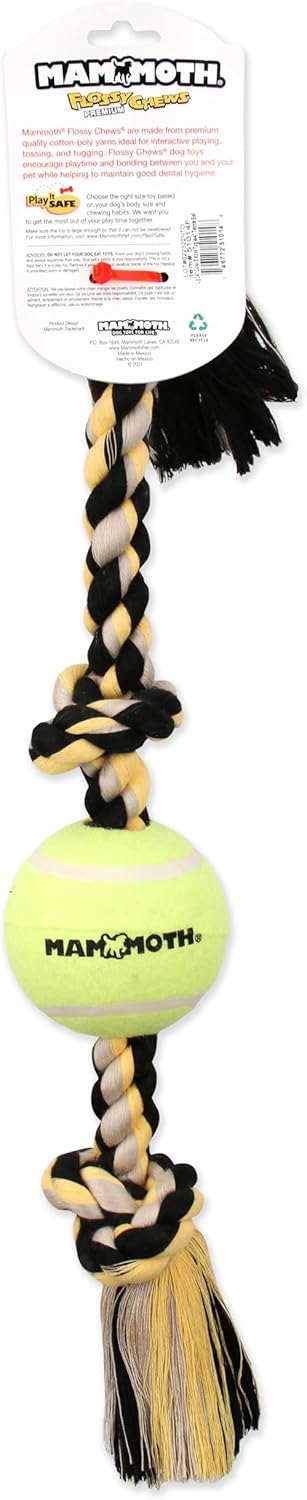 Mammoth Flossy Chews Color 3 Knot Tug with Large Tennis Ball - Premium Cotton-Poly Tug Toy for Large Dogs - 24”