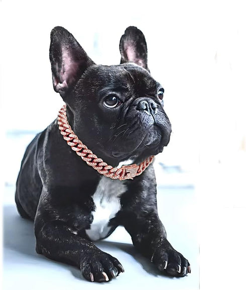 Diamond Necklace Metal Choke Dog Chain Collars, 13mm Wide, Rose Gold, Pet Jewelry for Small Medium Large Dogs
