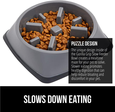 GORILLA GRIP Patent Pending Slow Feeder Dog Bowls - Interactive Puzzle Toy for Dogs and Cats, 2 Cup, Gray