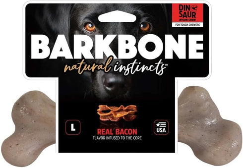 Pet Qwerks Dinosaur BarkBone, Nylon Dog Bone for Aggressive Chewers, Bacon Flavor, 6.5"