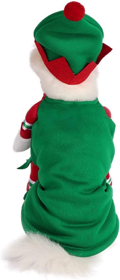 Dog Cat Christmas Elf Costume with Hat, Pet Christmas Winter Fleece Coat, Puppy Xmas Outfit Apparel