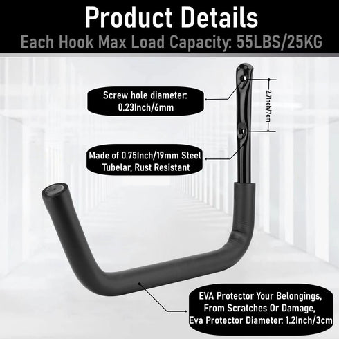 Heavy Duty Garage Storage Kayak Hook, 55LBS Capacity, 15 Inch Canoe Hanger for Surfboards, Ladders, Beach Chairs,