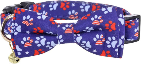 American Flag Dog Collar with Removable Cute Bow Tie Adjustable Patriotic 4th of July Pet Collars Independence Day Small