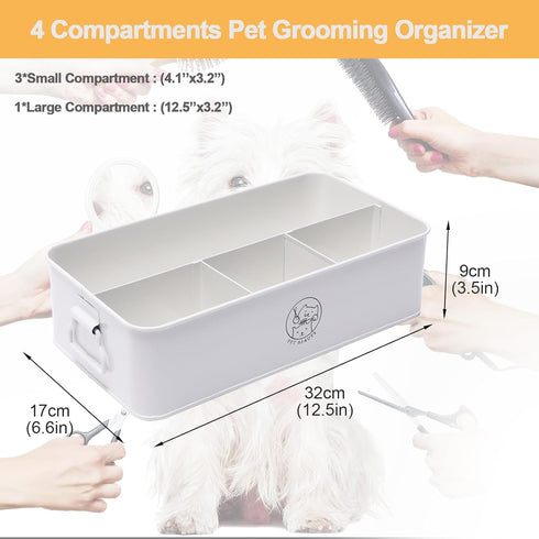 4-Compartment Premium Dog Grooming Organizer,Metal Caddy for Pet Stuff with Handle-Powder Coated Storage Bin for Dog