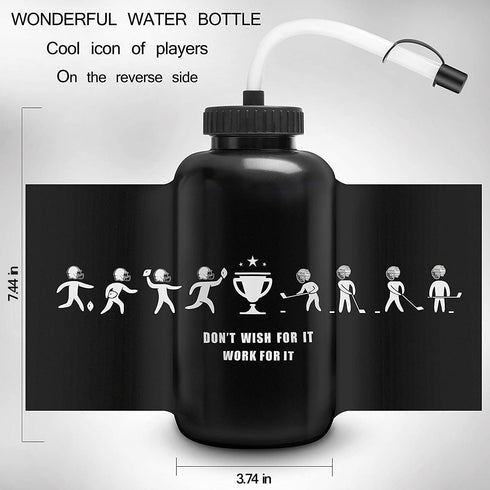 Hockey Water Bottles with Long Straw - 1 Liter 32 oz, Plastic Squeezable, Leakproof, BPA Free (Black)