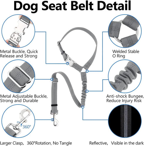 Plutus Pet Dog Seat Belt for Car Headrest, Reflective and Adjustable Restraint with Elastic Bungee for Safety, Vehicle