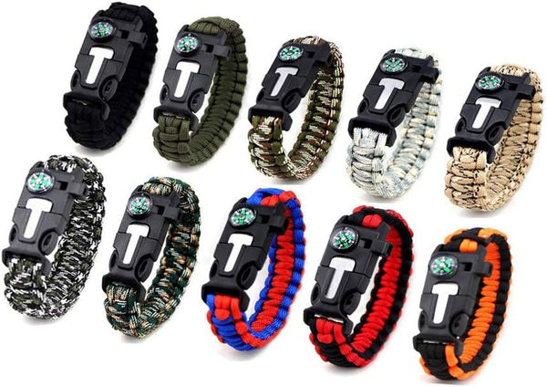 MQQC Kissmi 10 Pack Paracord Bracelet - Survival Gear with Compass, Fire Starter, Whistle for Camping/Hiking
