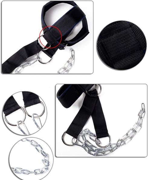 Fitness Neck Head Harness for Neck Training Weight Lifting with Adjustable Steel Chain and Strap