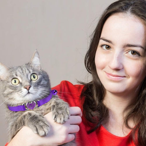 2 Pcs Cat Collars - Heart Bling Breakaway with Bell, Adjustable Nylon for Kitty (Red + Purple)